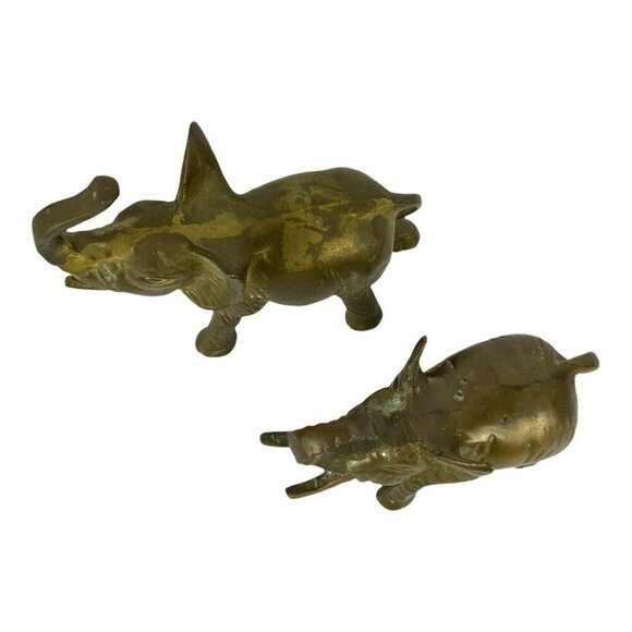 Vintage Brass Elephant Figurines Set Of 2 With Trunks Up For Good Luck Decor - Picture 3 of 7